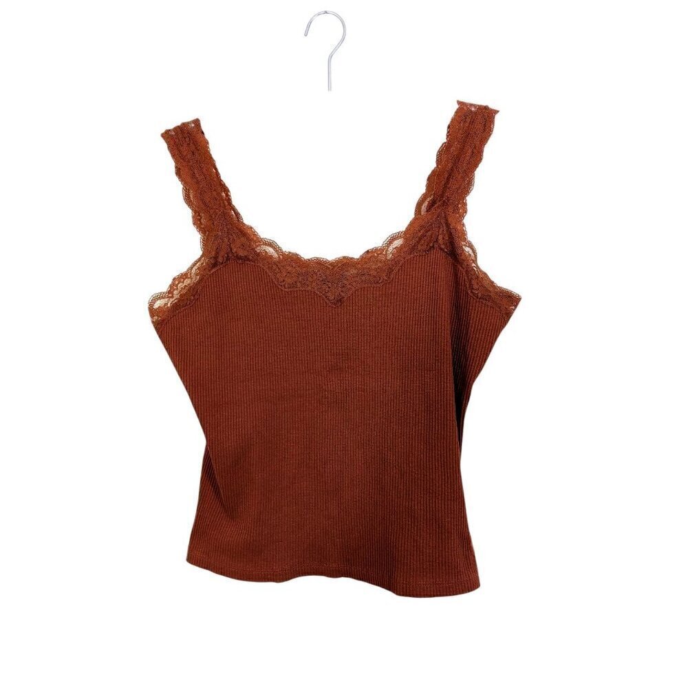 Vintage Y2K Womens Ribbed Lace Trim Tank Top Size Large Rust Brown Fall Autumn